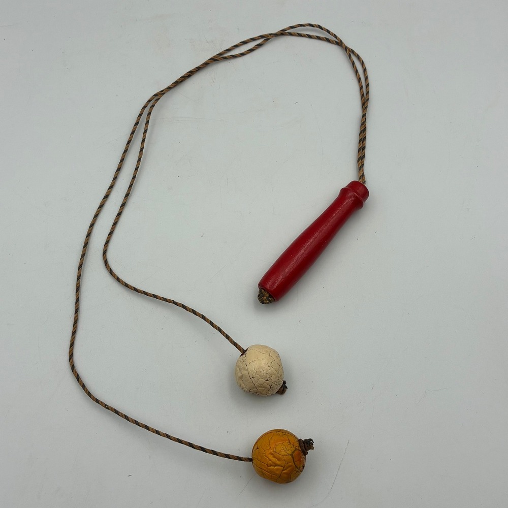 Vintage‎ Wooden Handle Skill Toy Red Handle Crackle Finish Balls Braided Cord